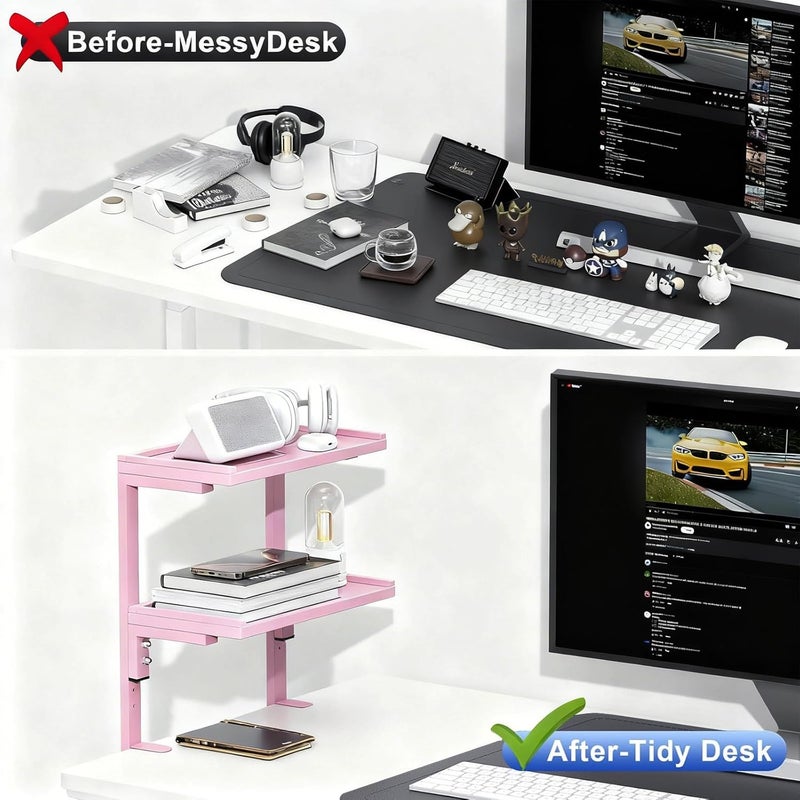 Spacrea clamp on Desk Shelf, 2 Tier Office Desk Shelves Organizer, Wood Desktop Supplies Storage Rack, Desk Organizers and Accessories (Pink) - Image 3